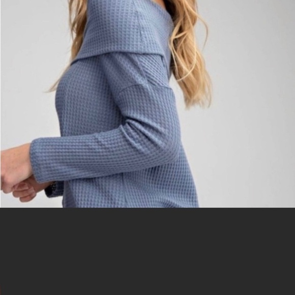 Waffle Knit Off Shoulder Top Blue Denim Sweater - Picture 3 of 8
